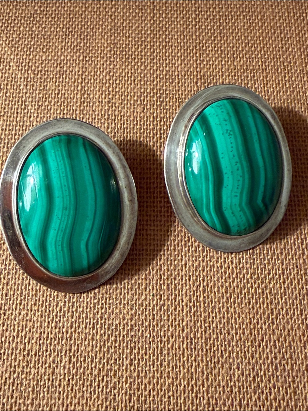 Green Malachite-Style Oval Sterling Silver  Clip On Earrings